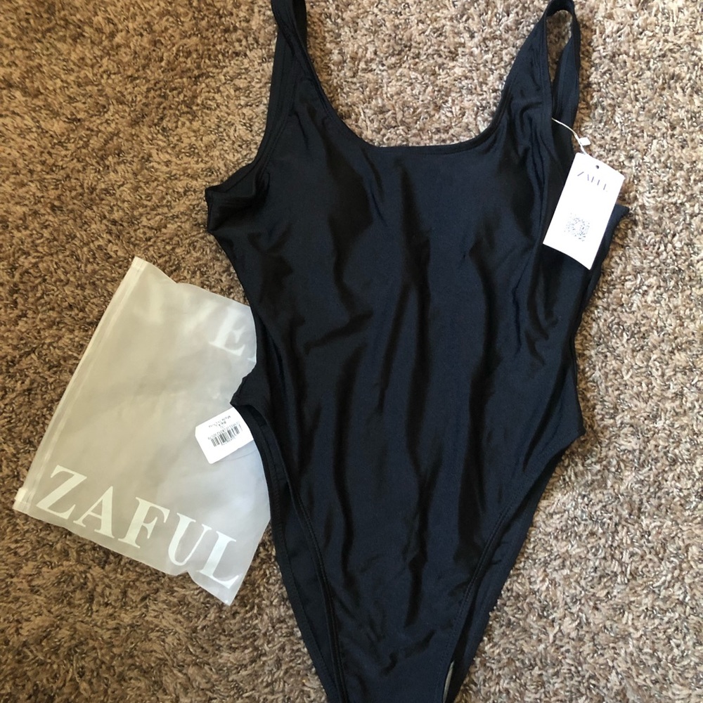 High/low black one piece swimsuit
